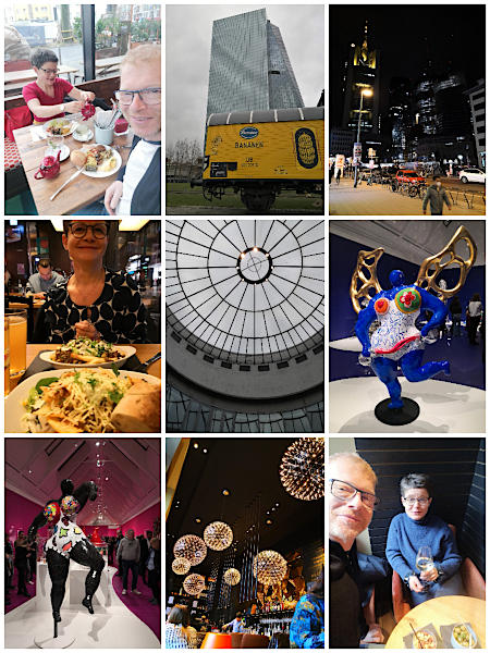 Collage aus 9 Fotos vom Aufenthalt in Frankfurt, teilweise Selfies: Brunch bei Frau Nanna, EZB im Ostend, nächtliche Skyline, Schirn Kunsthalle, Kunst von Niki de Saint Phalle, Besuch einer Weinbar.