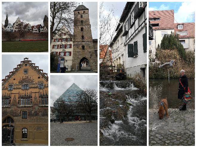 Collage von 6 Fotos aus Ulm: Rathaus, Färberviertel, Große Blau mit Ulmer Spatz, Stadtmauer, Metzgerturm, Stadtbibliothek