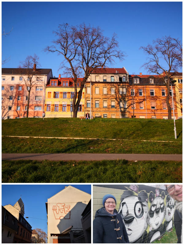 Collage aus drei Fotos: Häuserzeile in Mannheim in warmem Sonnenlicht vom Neckarufer aus gesehen, Zeichen einer Konditorei an einer sonnigen Hauswand, ich und die beste Frau vor dem Graffiti mit den 3 Pandas im Ebertpark.