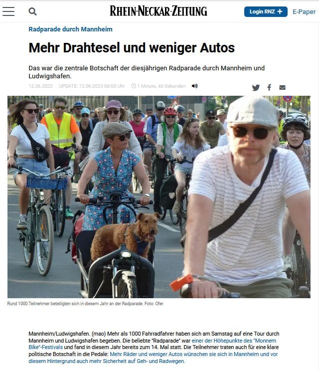 Screenshot vom Anfang des RNZ-Artikels "Mehr Drahtesel und weniger Autos", hier verwendet wegen des Fotos, auf dem wir (Frau, Hund, Tochter, Freundin und ich) bei der Radparade zu sehen sind.