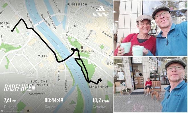 Collage aus drei Teilen: Eine Karte aus einem Trackingprogramm mit Angaben zur Radfahrt von Ludwigshafen nach Mannheim und zurück, sowie zwei Selfies mit Frau, mir und Hund und der Bank vor dem Unverpacktladen "Grünkern".