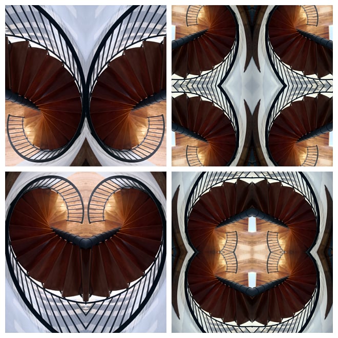 Collage aus vier quadratischen Bildern. Alle zeigen ein auf unterschiedliche Weise zusammengesetztes Foto einer von oben fotografierten Wendeltreppe.