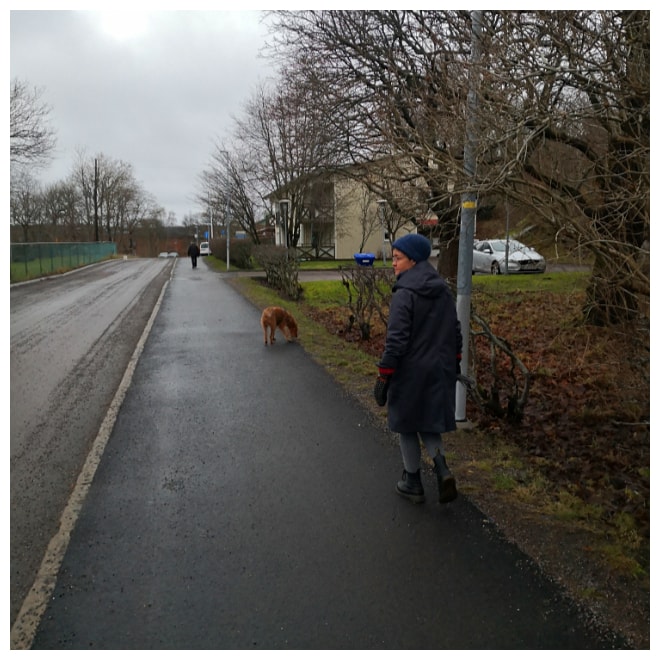 Auf einem neu asphaltierten Gehweg, der weit im Bild zu sehen ist, sieht man im Vordergund eine Frau mit Hund und sehr weit und klein im Hintergrund gerade noch die Sihouette eines vorausgehenden Mannes.