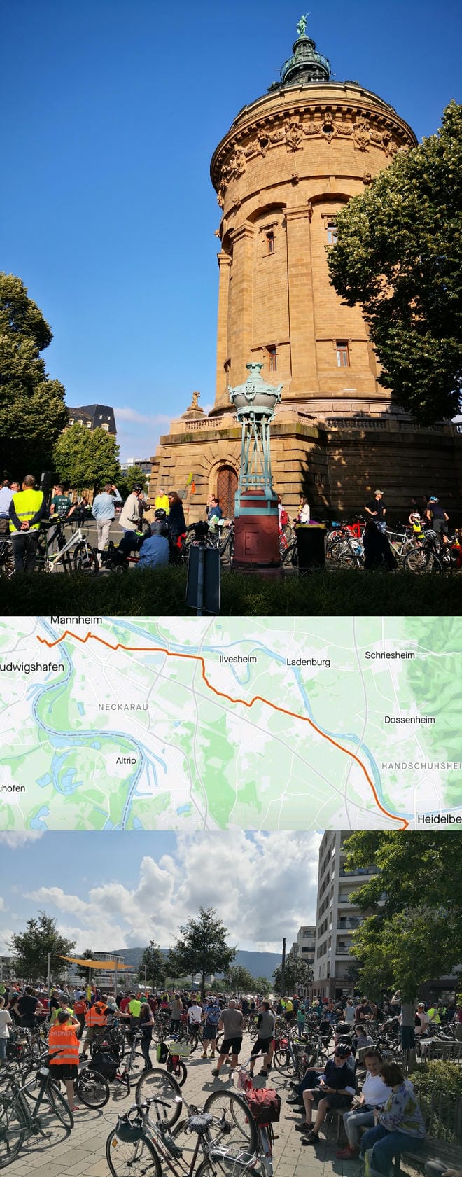 Collage aus 3 Fotos: Oben eine Gruppe wartender Radfahrer vor dem mit Sonne beschienenen Mannheimer Wasserturm. In der Mitte die Strecke der Raddemo von Mannheim nach Heidelberg aus der Sport-App. Unten ein Platz in der Heidelberger Bahnstadt mit vielen Fahrrädern und Menschen, die sich um eine Bühne drängen.