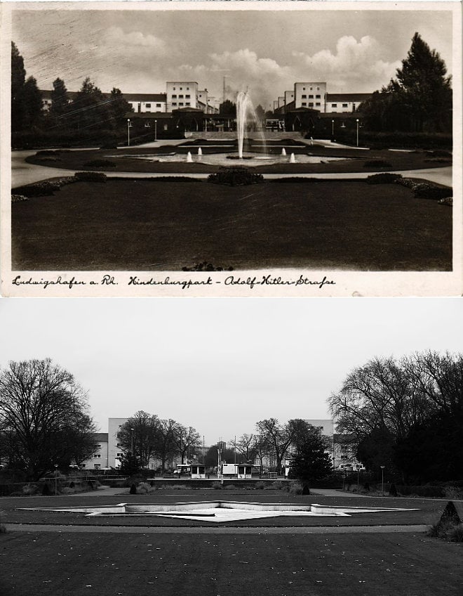 Zwei Fotos im Querformat untereinander: Oben eine schwarzweiß Postkarte aus der Zeit des Nationalsozialismus. Sie zeigt Anlagen des Ebertparks, besonders die Fontäne und den Eingangsbereich, dahinter sind die Wohngebäude der Ebertblöcke zu erkennen. Darunter eine aktuell gemachte Aufnahme aus ähnlicher Perspektive. Das Becken des Brunnens ist wegen Winter leer, die Eingangsbebauung besteht nur aus zwei kleinen Häuschen. Bäume verdecken die Ebertblöcke teilweise.