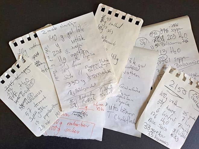 Mehrere kleine, handschriftlich beschriebene Notizzettel liegen leicht überlappend auf einer dunklen Oberfläche. Die Zettel enthalten unleserliche oder schwer entzifferbare Rezeptnotizen, Mengenangaben und Zutatenlisten in deutscher und schwedischer Sprache. Die handschriftlichen Einträge wirken spontan und ungeordnet, einige Wörter und Zahlen sind umkringelt oder durchgestrichen, und es finden sich gelegentlich kleine Skizzen und Markierungen in verschiedenen Farben.