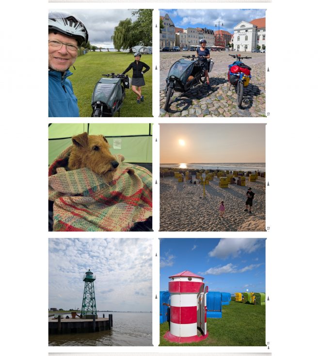 Collage mit sechs Fotos einer Radreise: Oben links ein Campingplatz mit zwei Personen und zwei beladenen Fahrrädern auf einer Wiese, daneben stehende Fahrräder mit Gepäck auf einem gepflasterten Platz zwischen historischen Gebäuden. In der mittleren Reihe links sitzt ein Hund in eine Decke gehüllt im Zelt, rechts Sonnenuntergang am Strand mit zahlreichen Strandkörben und Spaziergängern. Unten links ein grünes Leuchtfeuer an einem Pier über dem Wasser, unten rechts ein rot-weiß gestreiftes kleines Leuchtfeuer, welches als Umkleidekabine dient, neben bunten Strandkörben auf einer Wiese.