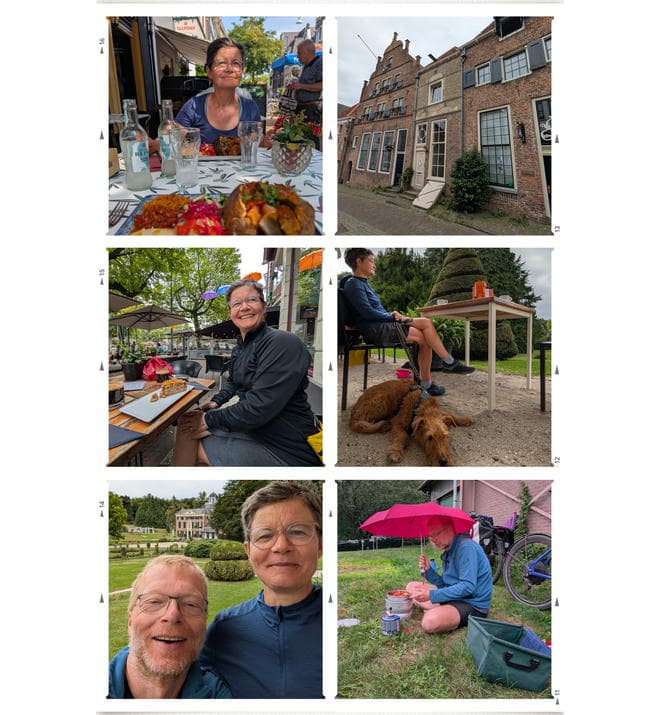Collage mit sechs Fotos einer Radreise: Oben links ein gedeckter Restauranttisch mit buntem Essen im Freien, rechts daneben eine historische, holländisch anmutende Häuserzeile. In der mittleren Reihe links sitzt eine Frau in einer Café-Terrasse mit Kuchen und Kaffee, rechts sitzt diese Frau im Freien an einem Tisch mit Hund zu Füßen und in Zierform geschnittenem Busch dahinter. Unten links ein Selfie von zwei Personen vor einem großen Park mit Schloss im Hintergrund, unten rechts sitzt jemand unterm pinken Regenschirm neben einem Fahrrad beim Kochen auf dem Campingkocher im Gras.