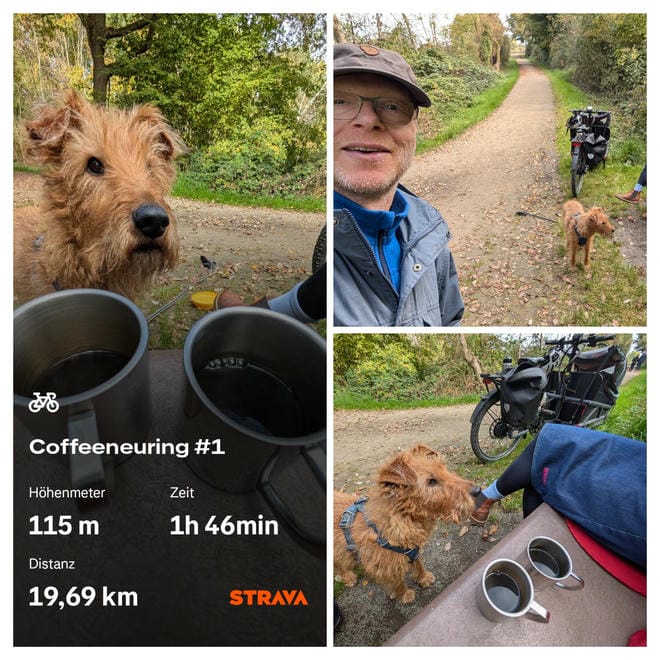 Bildcollage einer Rad-Tour mit Coffeeneuring-Thema. Links Ein rotbrauner Hund hinter zwei Metalltassen mit Kaffee, im Hintergrund herbstliches Grün, unten sind Tourdaten eingeblendet: 115 Höhenmeter, 1h 46min, 19,69 km, Strava-Logo. Rechts oben: Ein Mensch mit Jacke und Basecap ist teilweise sichtbar, steht auf einem Feldweg mit Fahrrad und Hund. Rechts unten: Der Hund sitzt erwartungsvoll vor den zwei Kaffeetassen, im Hintergrund ist ein Lastenrad zu sehen.