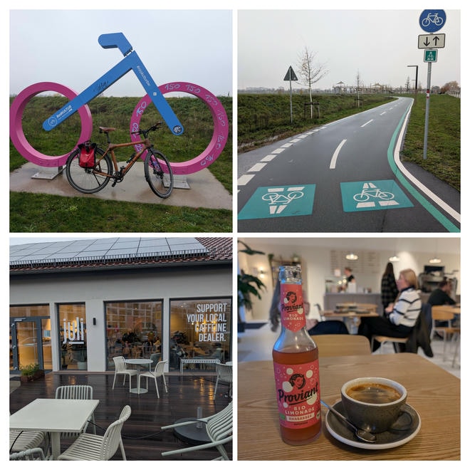Eine Collage aus vier Fotos: Oben links ist ein großes Fahrrad-Kunstwerk mit pinken Reifen, davor steht ein normales Rad mit einer Packtasche. Oben rechts sieht man einen neu gebauten Radschnellweg mit klarer Markierung, der im Grünen verläuft. Unten links ist die Außenansicht eines modernen Cafés mit Terrasse und Schriftzug "Jlie" und "SUPPORT YOUR LOCAL CAFFEINE DEALER". Unten rechts steht auf einem Holztisch in einem Café eine Flasche Bio-Limonade neben einer Tasse schwarzem Kaffee, im Hintergrund sitzen Gäste in gemütlicher Atmosphäre.