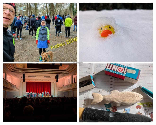 Vierfache Collage: Oben links ein Mann mit Brille und Laufkleidung bei einer Laufveranstaltung im Wald mit vielen Läufern und einem Irish Terrier; oben rechts eine gelbe Gummiente im Schnee, bei der nur der schneebedeckte Kopf aus dem Schnee ragt; unten links ein beleuchteter Saal mit Bühne, rotem Vorhang und Publikum bei einer Konzertveranstaltung; unten rechts ein handgefertigter Holzschnitzfisch, dem Schnitzmesser und einem Linolschneider, der für das Schuppenmuster genutzt wurde.