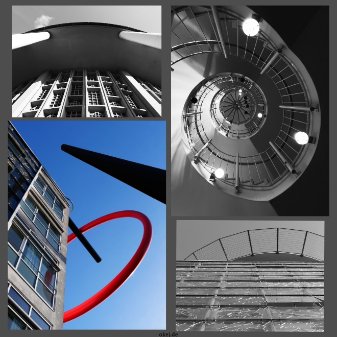 Architektur-Collage aus 4 Fotos, alle vom Bodenstandpunkt steil nach oben fotografiert: Oben links eine schwarz‑weiße Detailansicht einer Kirche, man erkennt zwei weiße Säulen, die ein rundes Dach tragen und die mit Glas durchsetzte Außenwand der runden Kirche. Oben rechts eine Schwarz‑Weiß-Aufnahme mit einem von unten fotografierten spiralförmigen Treppenhaus, unten links ein farbiges Bild einer Glasfassade mit schräger Perspektive und leuchtend roter Kunstskulptur vor blauem Himmel, unten rechts eine abstrakte schwarz‑weiße Ansicht einer Glasfront mit darüber liegender, runder Helikopterlandefläche.