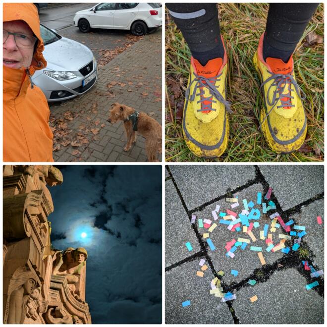 Collage aus vier Fotos: oben links eine Person in oranger Jacke mit Hund im Regen auf herbstlich bedecktem Gehweg neben geparkten Autos, oben rechts schmutzige gelbe Laufschuhe auf nassem Gras, unten links ein nachts angestrahltes Gebäudedetail des Rosengarten in Mannheim vor bewölktem Mondhimmel, unten rechts bunte Papierschnipsel auf grauen Pflastersteinen.