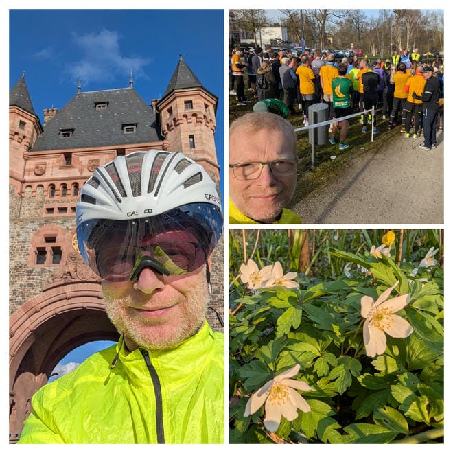 Dreiteilige Fotocollage: Links ein Radfahrer vor dem Turm der Nibelungenbrücke in Worms mit Helm und leuchtend gelber Jacke, rechts oben eine größere Gruppe von Läuferinnen und Läufern vor dem Start, rechts unten weiß blühende Buschwindröschen in sonnigem Licht.