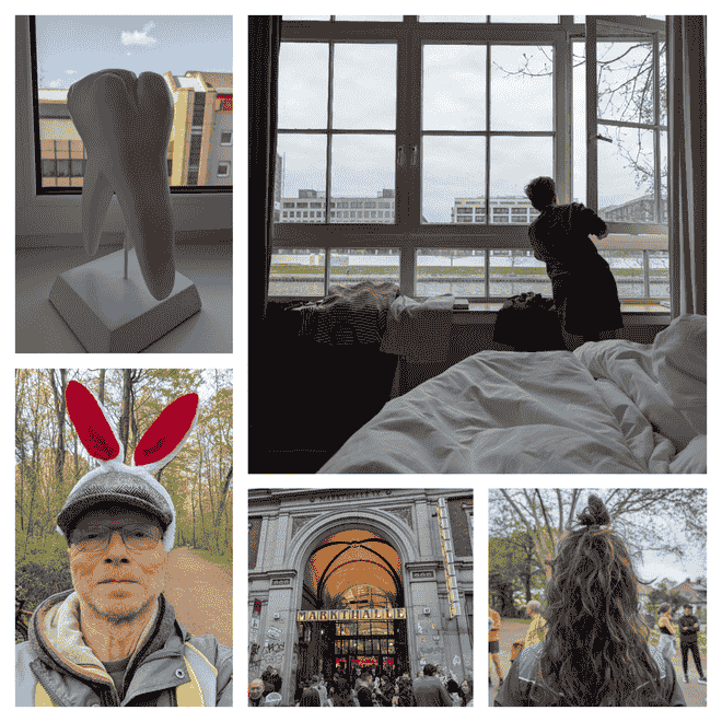 Collage aus fünf Fotos: oben links ein stilisiertes Zahnmodell auf einem Fensterbrett vor Stadtblick, oben rechts eine Person im Zimmer am geöffneten Fenster mit Blick nach draußen, unten links eine Person mit roten Hasenohren vor Waldweg, unten mittig der Eingang der Markthalle mit vielen Menschen, unten rechts eine Person von hinten mit hochgesteckten Haaren im Freien.
