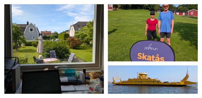 Collage mit drei Fotos: Ein Schreibtisch mit Laptop am Fenster und Blick auf einen grünen Garten, zwei Personen auf einer Wiese vor einem parkrun-Schild mit der Aufschrift Skatås und ein gelbes Fährschiff auf dem Wasser.