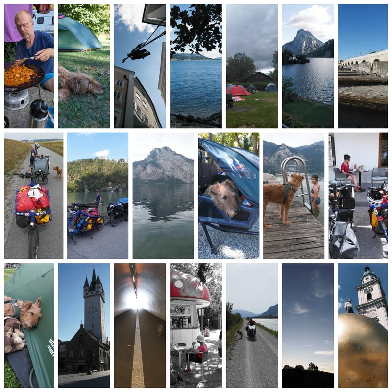 20 kleine Bilder in einer Fotocollage einer Radreise mit Zelt, Hund und vollgepackten Fahrrädern an Seen und Bergen; zu sehen sind außerdem Campingplätze, Landschaften, Bauwerke, ein Café und verschiedene Reiseimpressionen.