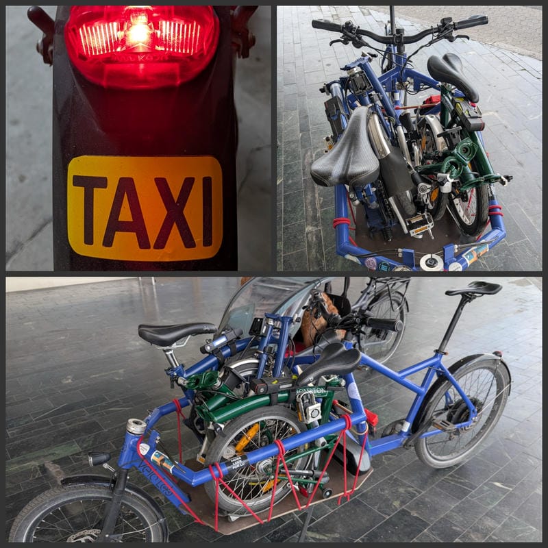 Drei Fotos von einem Lastenrad in einer Collage: Eine Detailansicht von Rücklicht und Schutzblech. Auf dem schwarzen Schutzblech klebt ein gelb-schwarzer Aufkleber mit der Aufschrift "Taxi". Die anderen beiden Fotos zeigen das Lastenrad, beladen mit zwei zusammengeklappten Fahrrädern der Marke Brompton, aus unterschiedlichem Winkel.