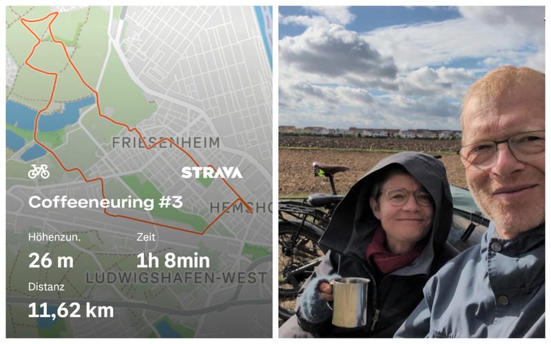 Zweiteilig: Links eine Karte der Route einer Fahrt mit dem Rad durch Ludwigshafen-West und Friesenheim (11,62 km, 1 h 8 min, 26 Höhenmeter), rechts ein Selfie von zwei lächelnden Radfahrern mit Fahrrädern und Thermobecher vor einem offenen Feld unter blauem Himmel — die dritte Etappe der Coffeeneuring-Challenge.